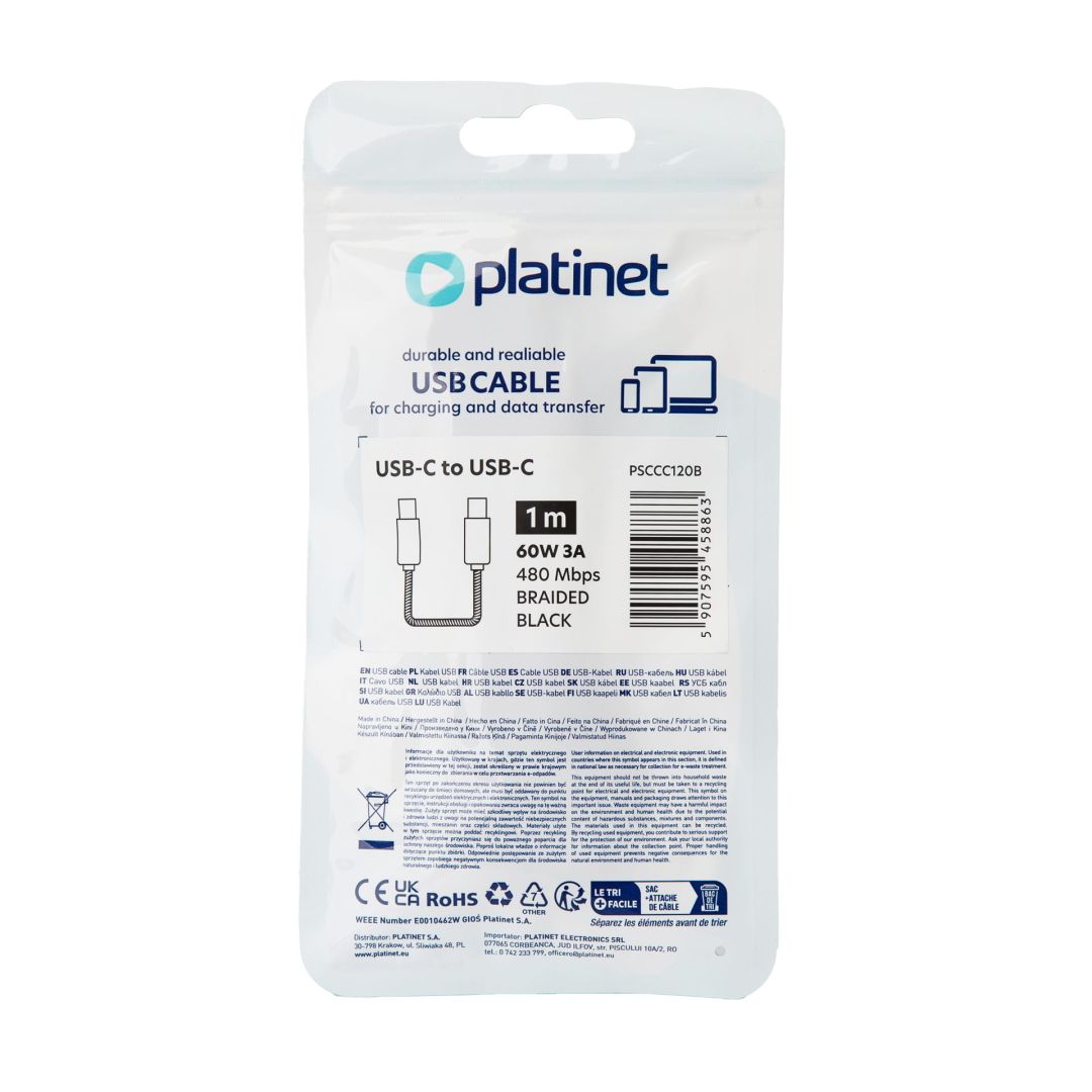 Platinet USB-C to USB-C 60W Braided Cable 1m Black