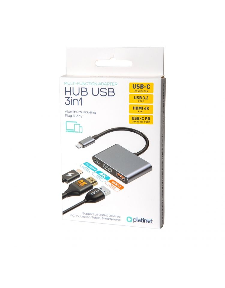 Platinet USB-C 3.2 Gen2 10GB/S Media Hub 3in1 HDMI 4K USB-A 3.2 USB-C PD 100W Aluminium