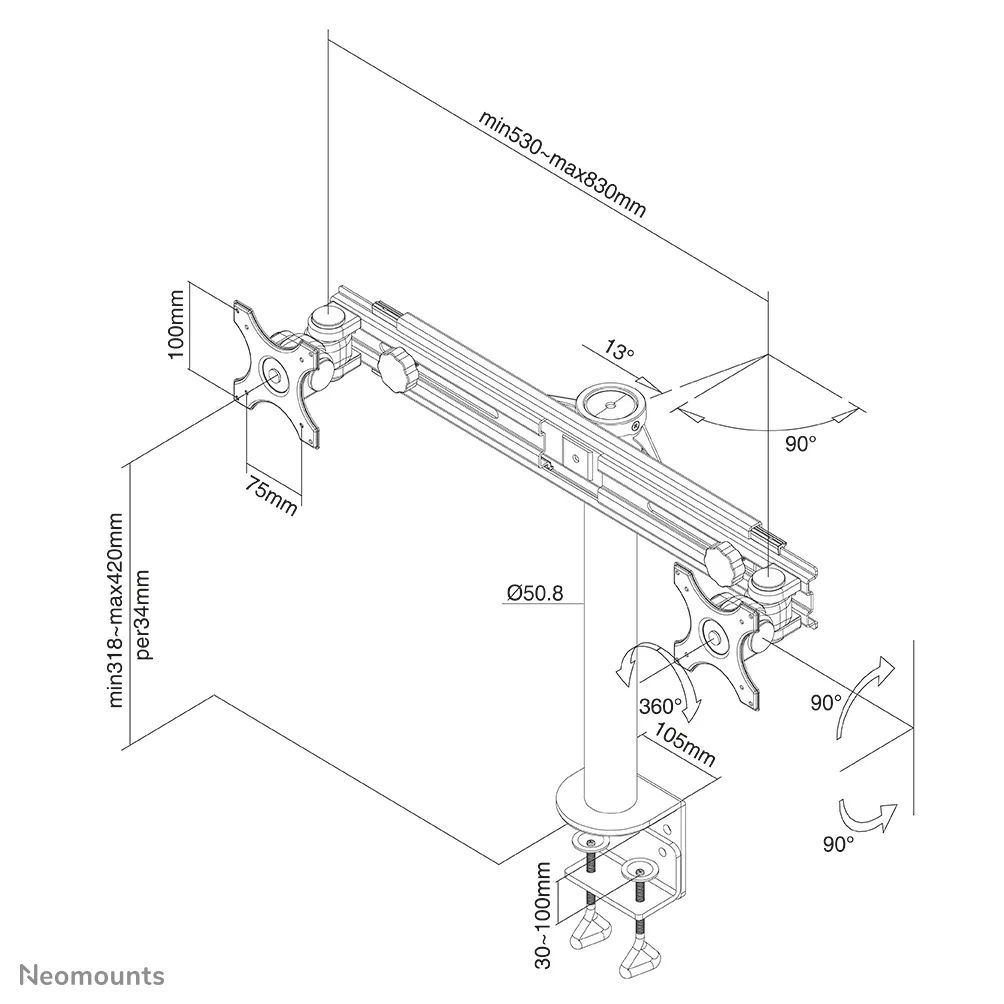 Neomounts FPMA-D700D Tilt/Turn/Rotate Dual desk monitor arm 19