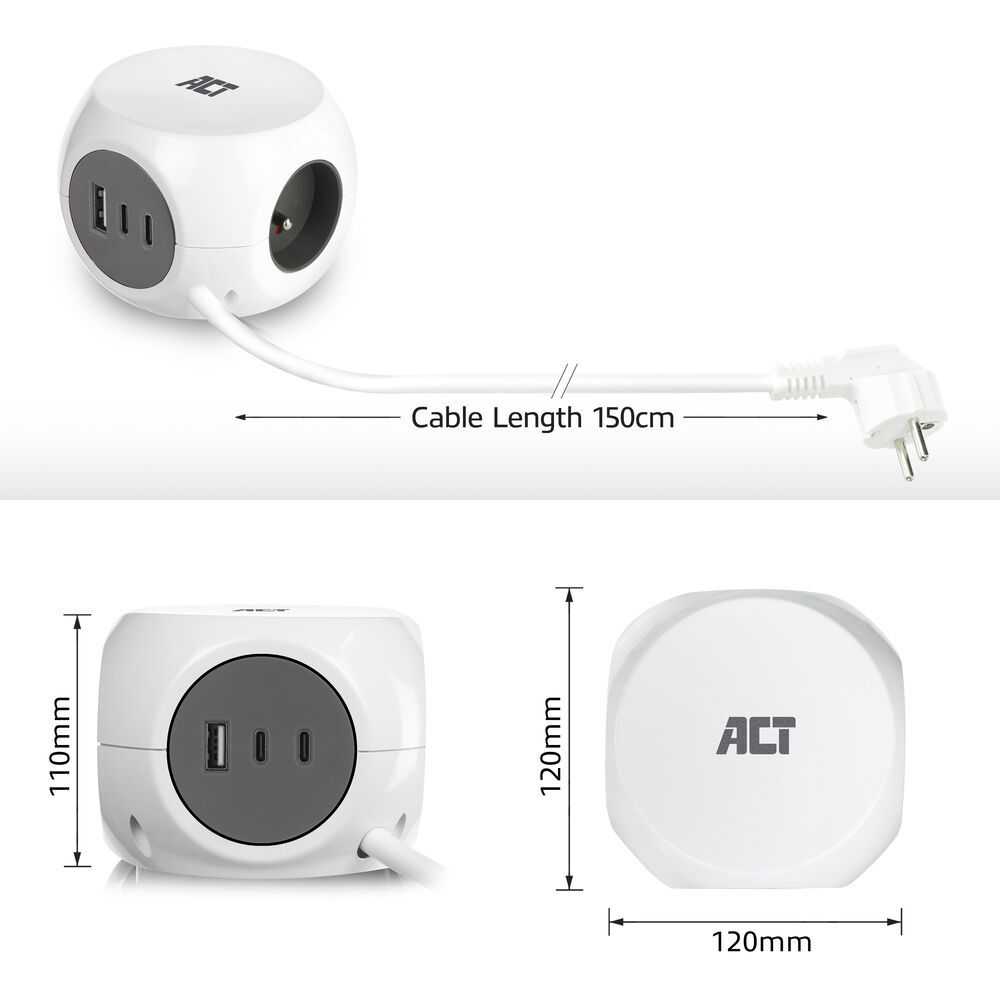ACT Power Strip Cube E Socket Hálózati Elosztó 3DIN 1,5m White