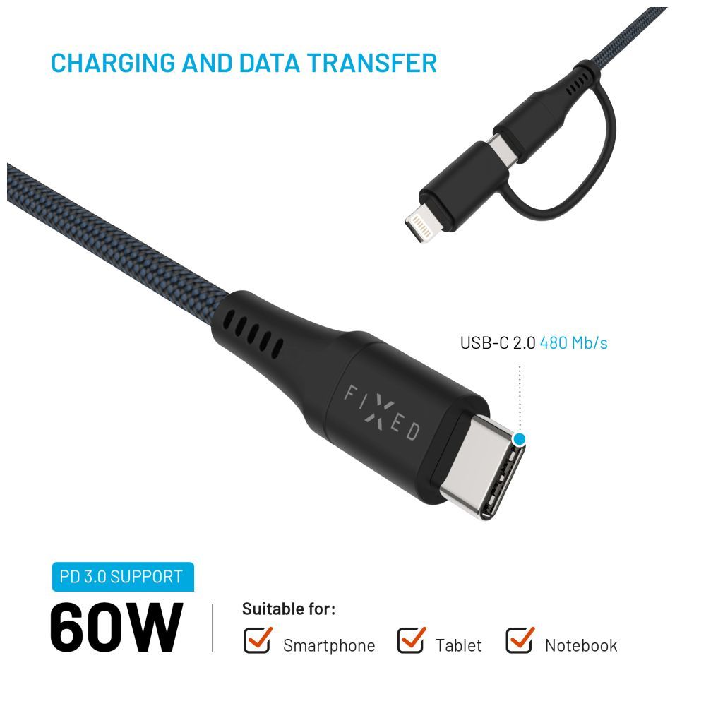 FIXED USB-C/USB-C/Lightning MFi PD 60W adapter kábel 3m szürke