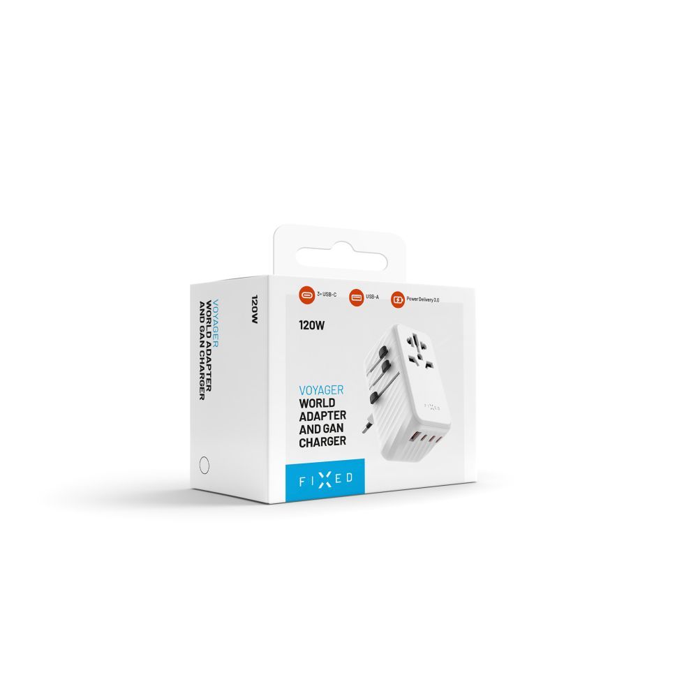 FIXED Voyager utazó adapter 3xUSB-C/1xUSB GaN 120W, fehér