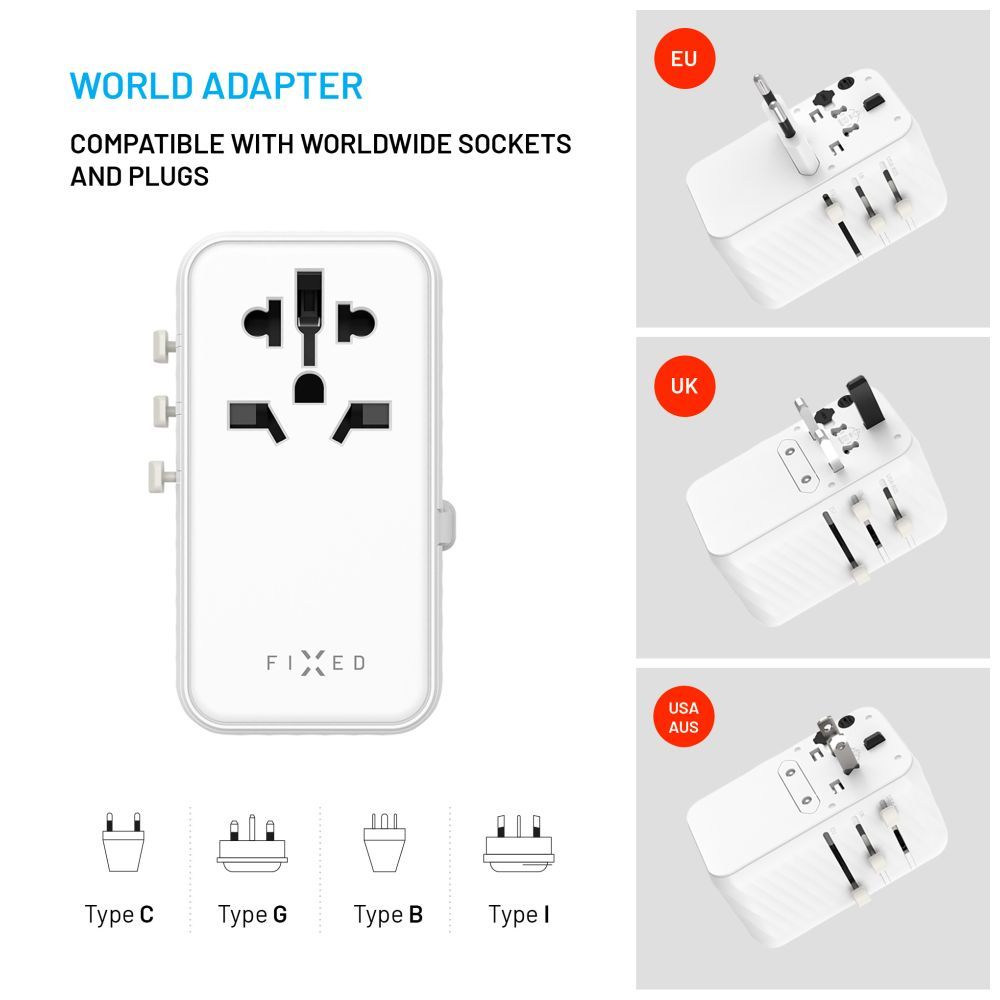 FIXED Voyager utazó adapter 3xUSB-C/1xUSB GaN 120W, fehér