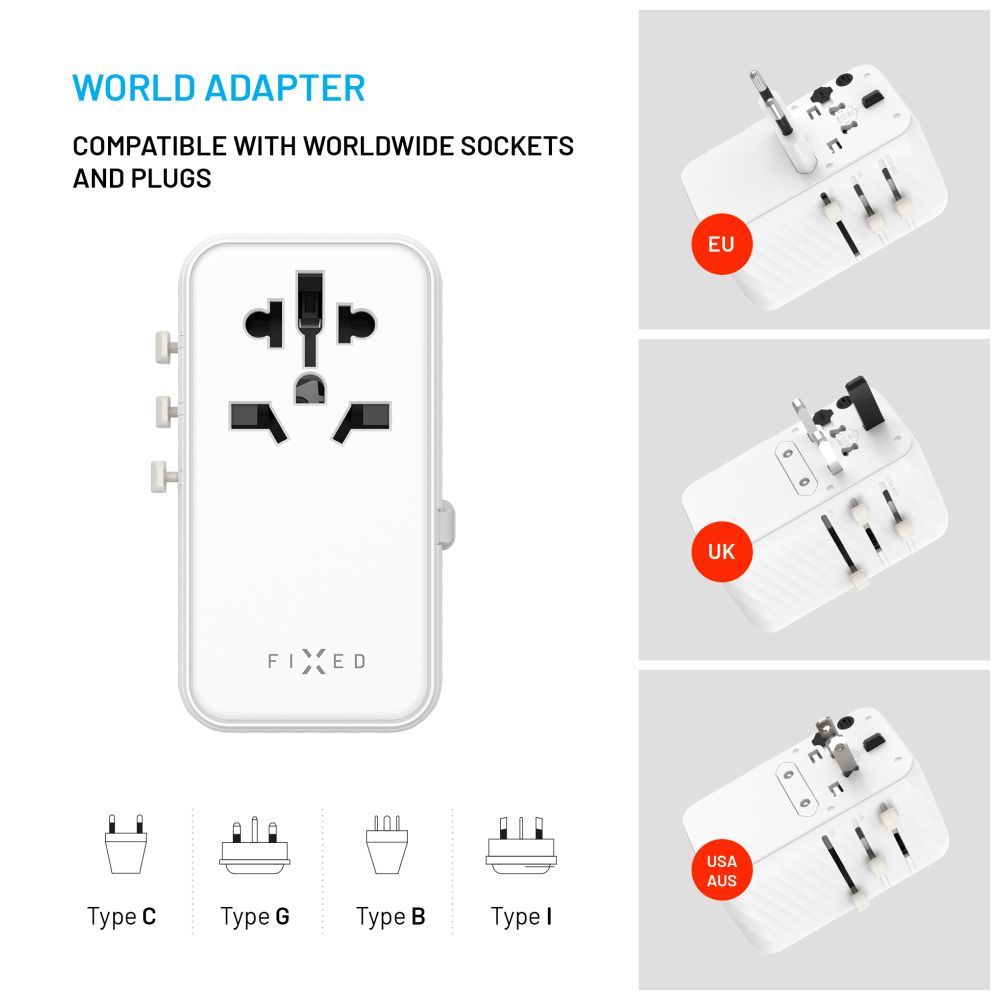 FIXED Voyager utazó adapter 4xUSB-C/1xUSB GaN 85W, fehér