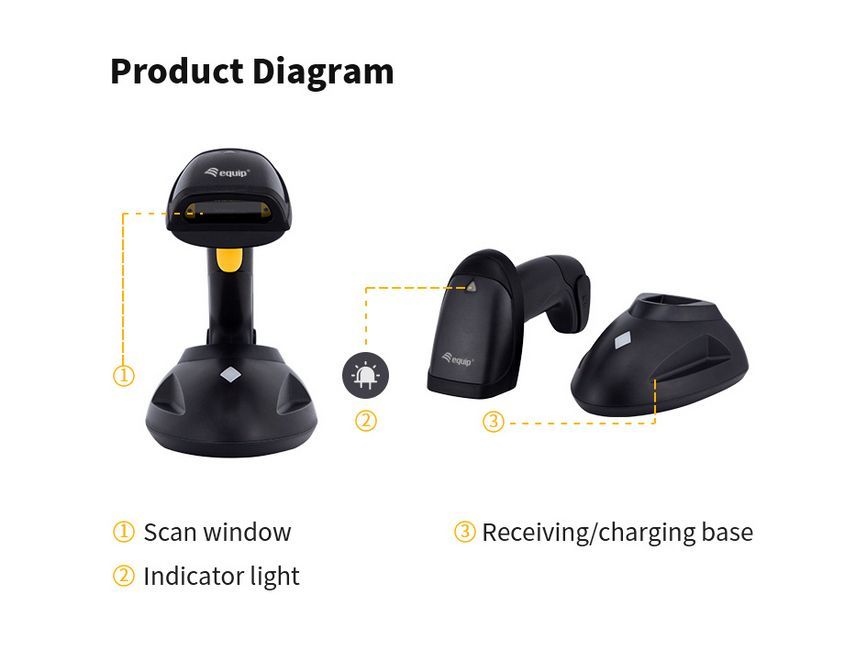 EQuip Wireless 1D Laser Barcode Scanner Long Distance with Stand Vonalkódolvasó Black