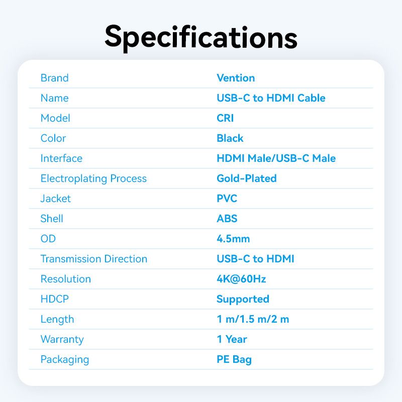 Vention USB-C to HDMI cable 1,5m Black