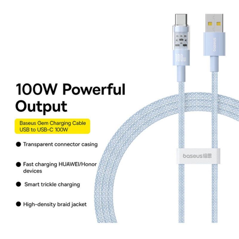 Baseus Gem USB A to USB C 100W fast charging cable 1m Blue