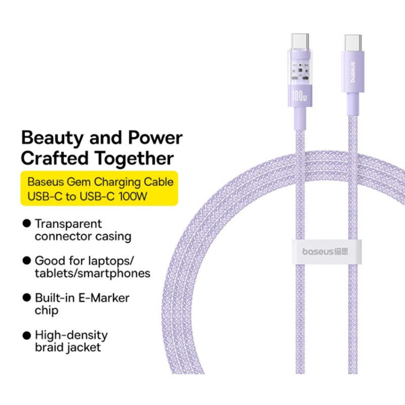 Baseus Gem USB C to USB C 100W fast charging cable 2m Purple