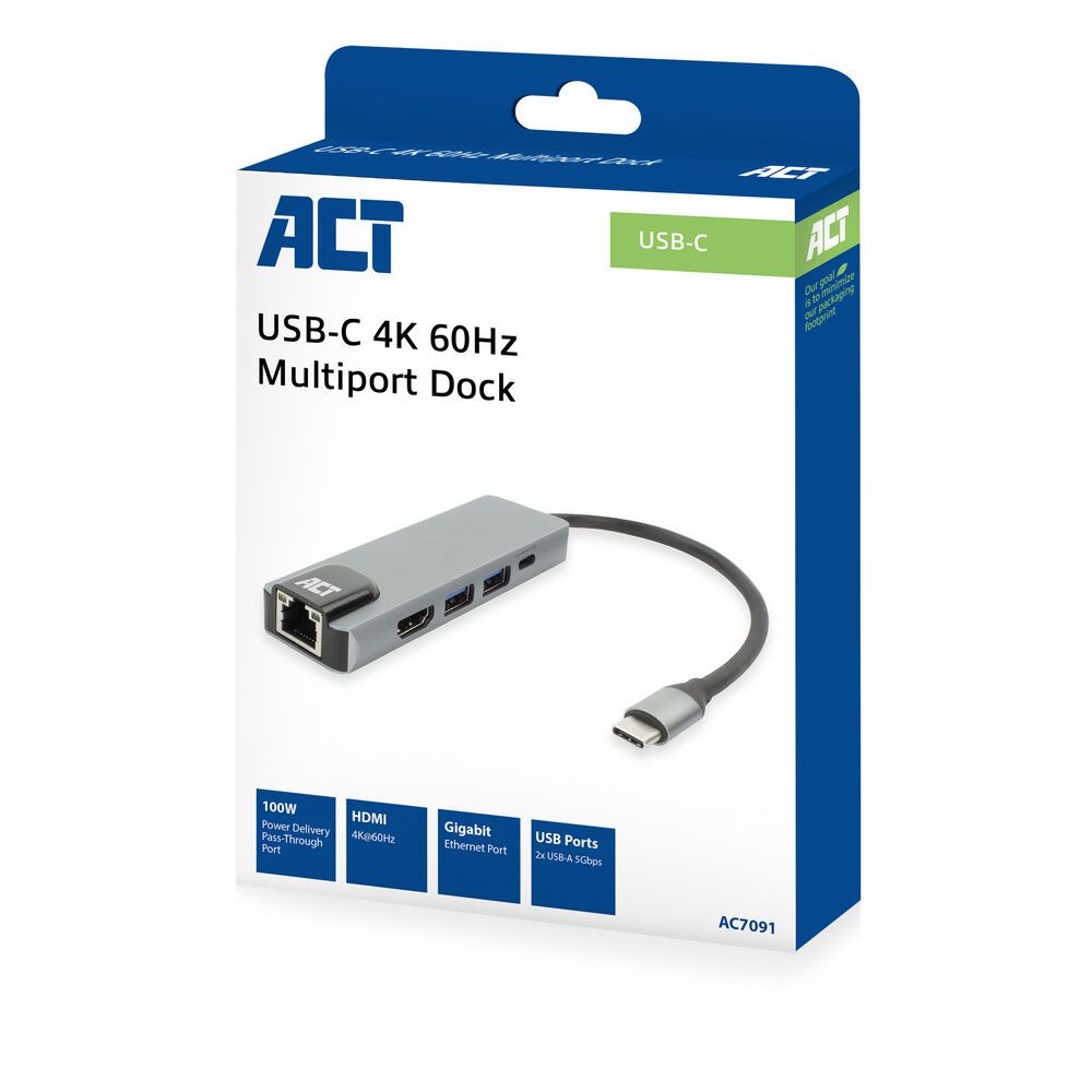 ACT AC7091 USB-C 4K docking station for 1 HDMI Adapter Silver