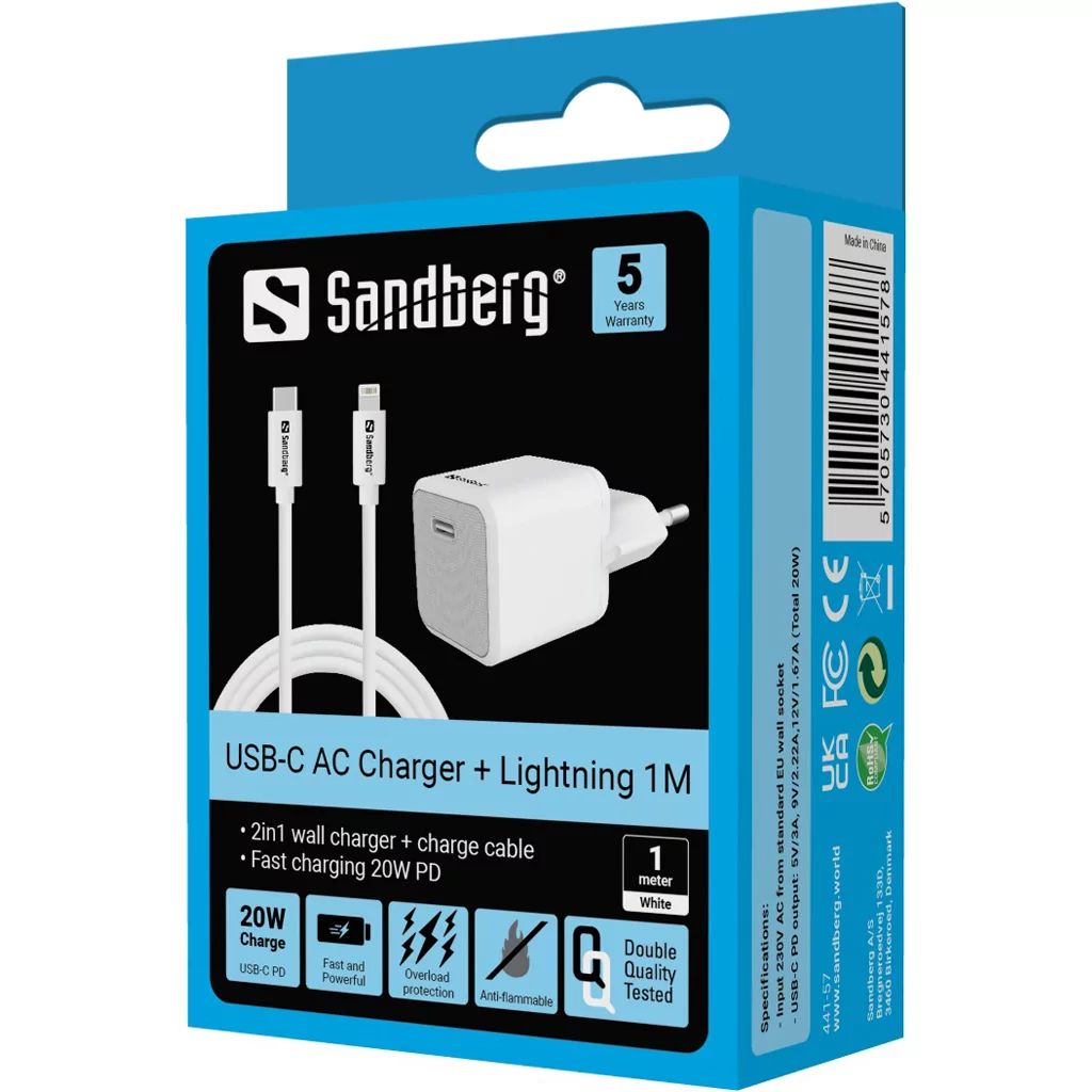 Sandberg USB-C AC 20W Charger EU + lightning cable 1m White