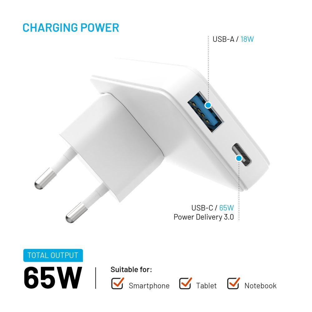 FIXED Slim Traveller USB-C/USB utazási töltő világadapter GaN 65W, fehér