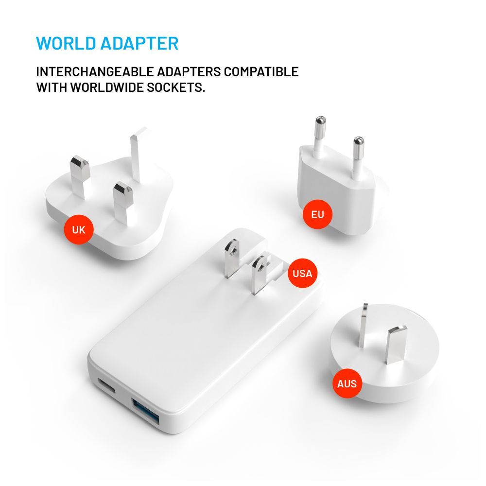 FIXED Slim Traveller USB-C/USB utazási töltő világadapter GaN 65W, fehér