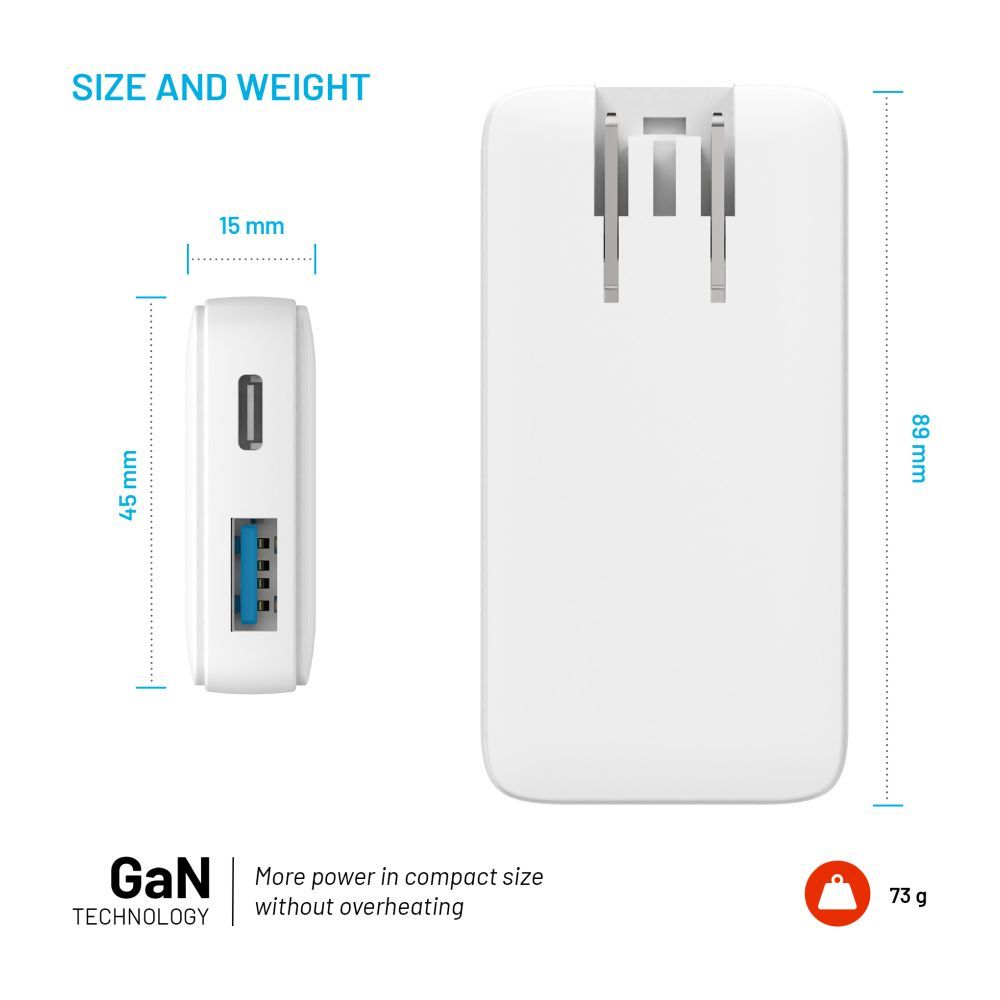 FIXED Slim Traveller USB-C/USB utazási töltő világadapter GaN 65W, fehér