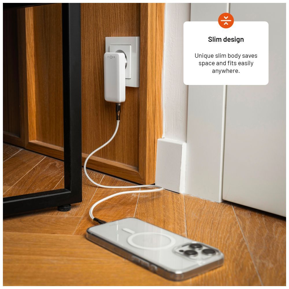FIXED Slim Traveller USB-C/USB utazási töltő világadapter GaN 65W, fehér