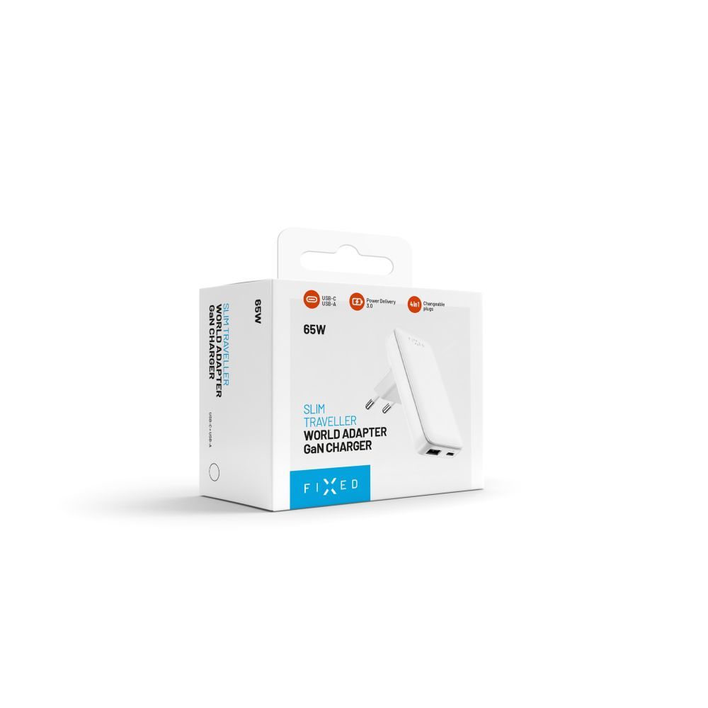 FIXED Slim Traveller USB-C/USB utazási töltő világadapter GaN 65W, fehér
