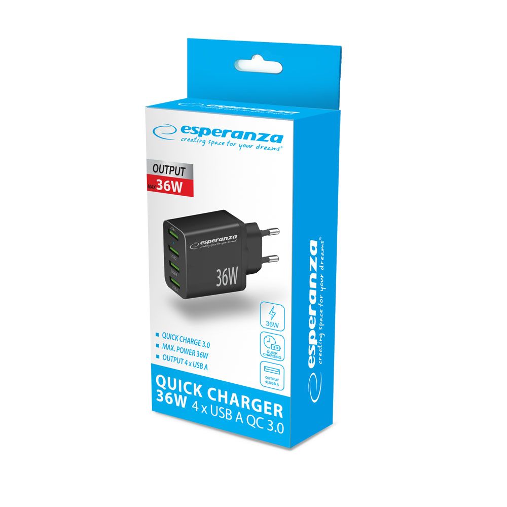 Esperanza EZC107K Quick Power Charger 36W 4x USB-A QC 3.0 18W Black