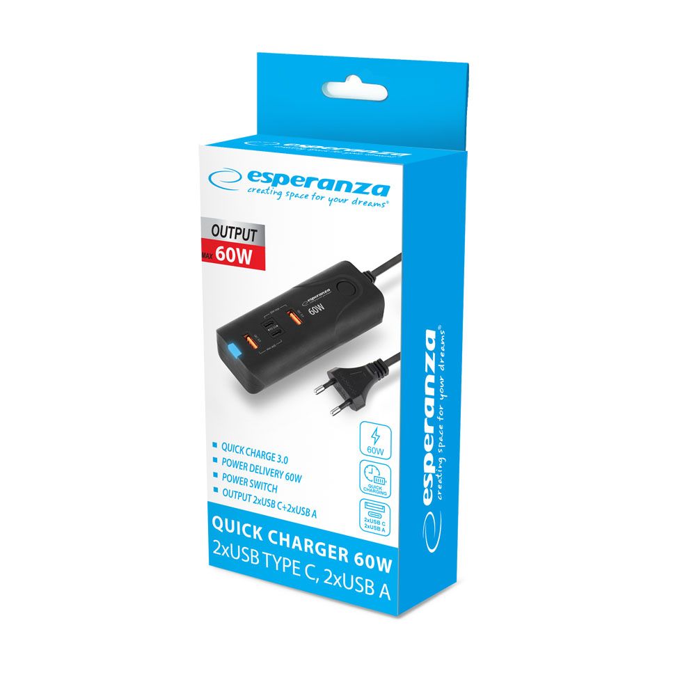 Esperanza EZC109 Quick Power Charger 60W 2x USB-C PD 30W / 2x USB-A QC 3.0 18W Black