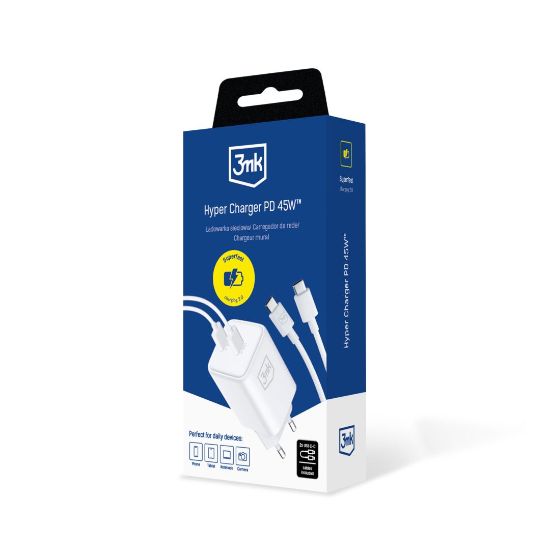 3mk Hyper töltő PD 45W+USB kábel C - C White