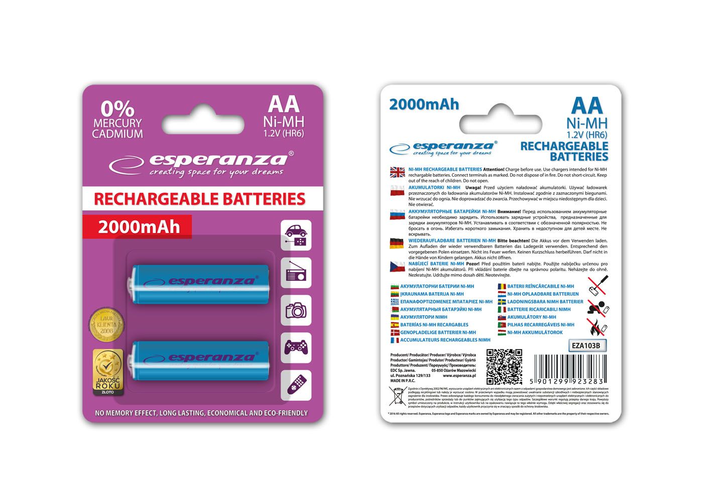 Esperanza 2000mAh AA Ni-MH akkumulátor 2db/csomag Blue