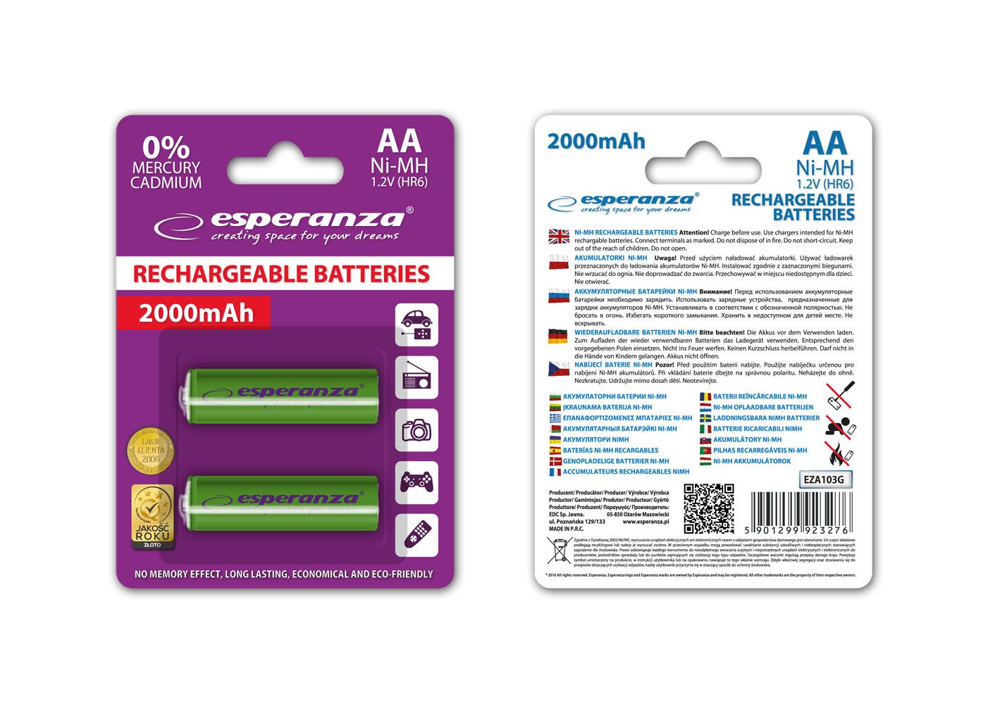 Esperanza 2000mAh AA Ni-MH akkumulátor 2db/csomag Green
