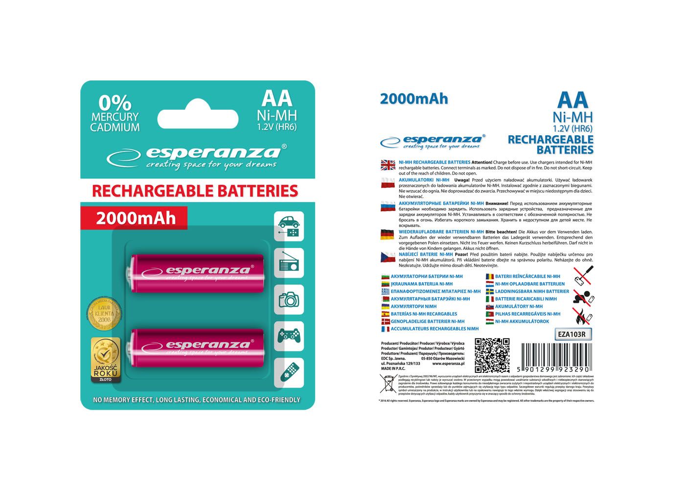 Esperanza 2000mAh AA Ni-MH akkumulátor 2db/csomag Red