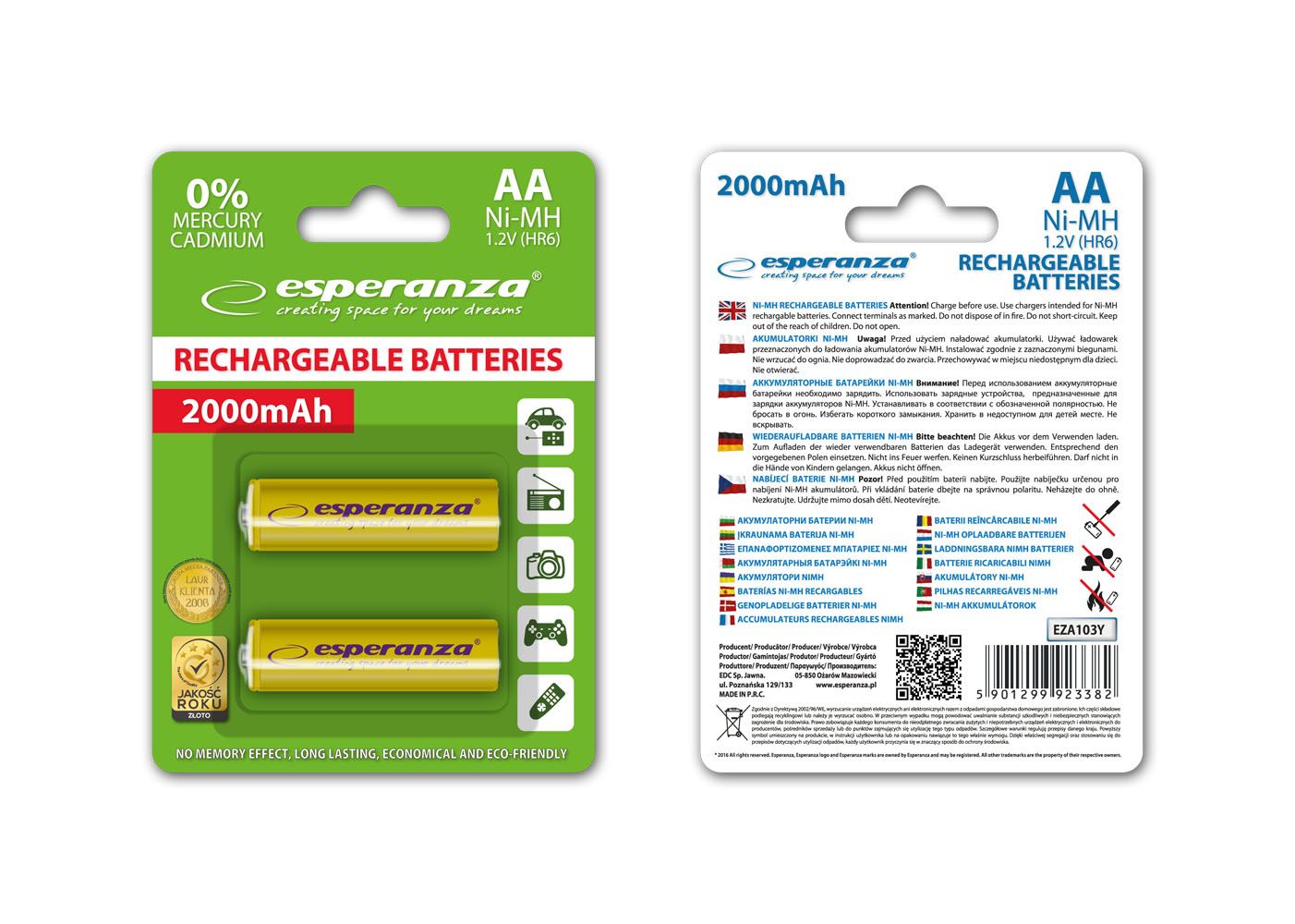 Esperanza 2000mAh AA Ni-MH akkumulátor 2db/csomag Yellow