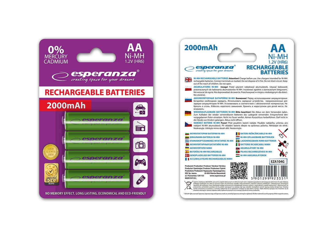 Esperanza 2000mAh AA Ni-MH akkumulátor 4db/csomag Green