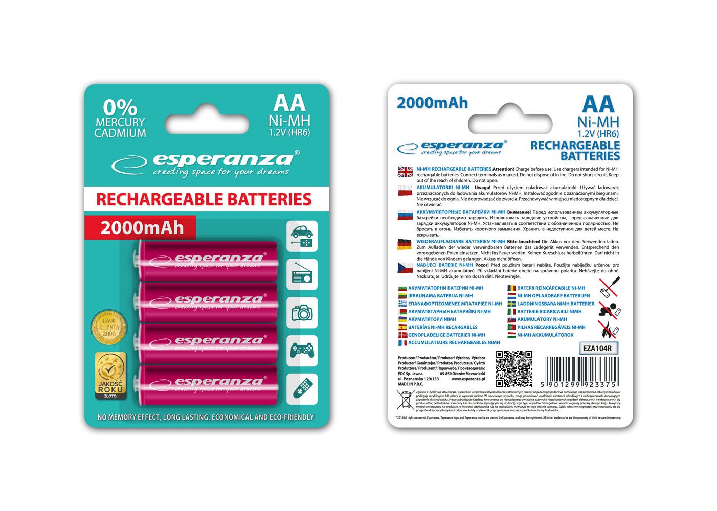 Esperanza 2000mAh AA Ni-MH akkumulátor 4db/csomag Red
