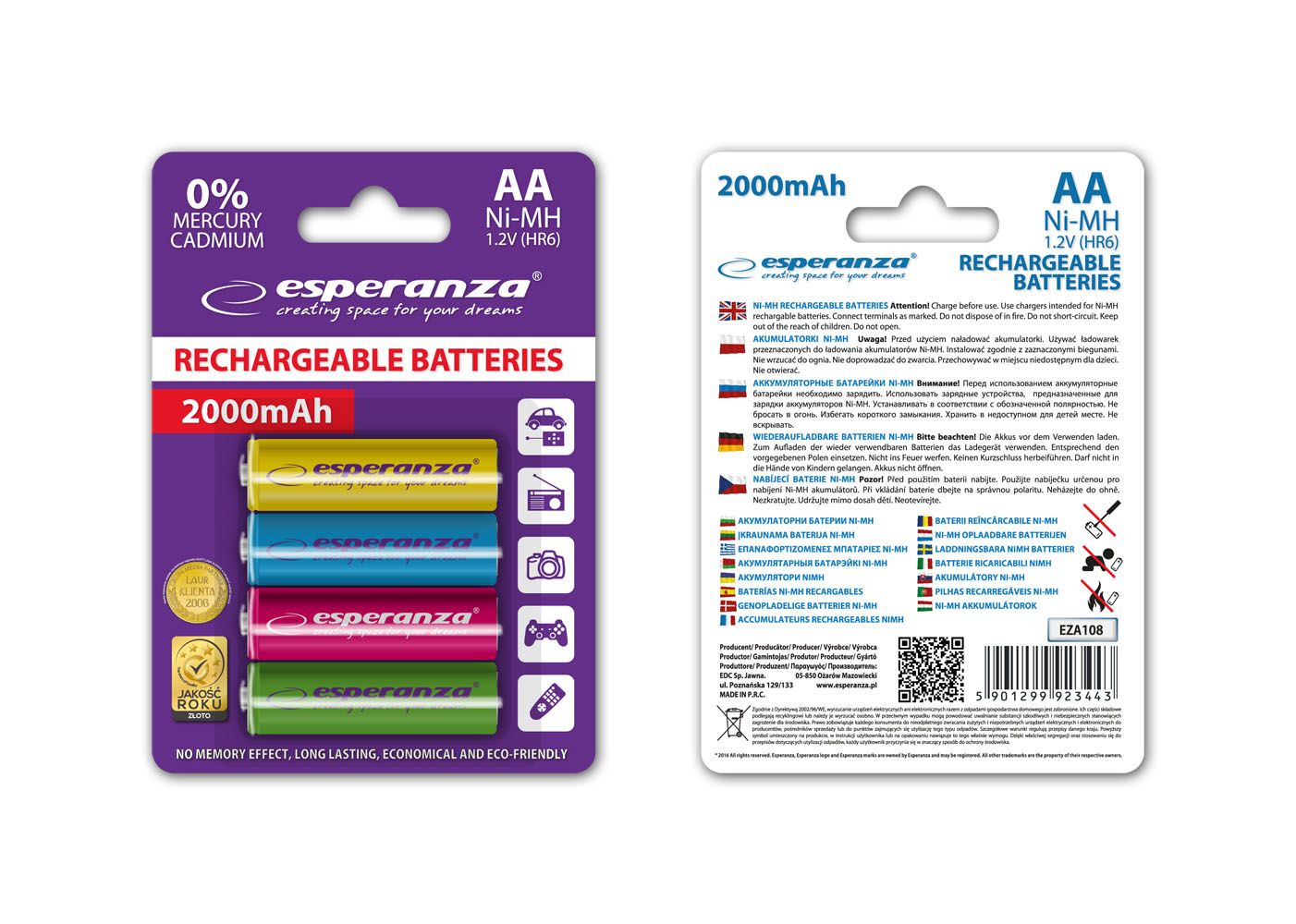 Esperanza 2000mAh AA Ni-MH akkumulátor 4db/csomag Mix of Color