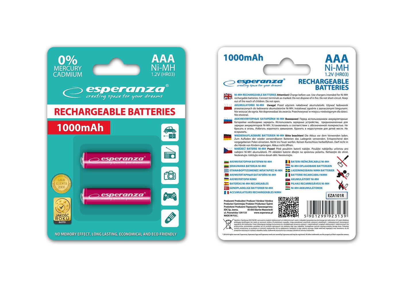 Esperanza 1000mAh AAA Ni-MH akkumulátor 2db/csomag Red