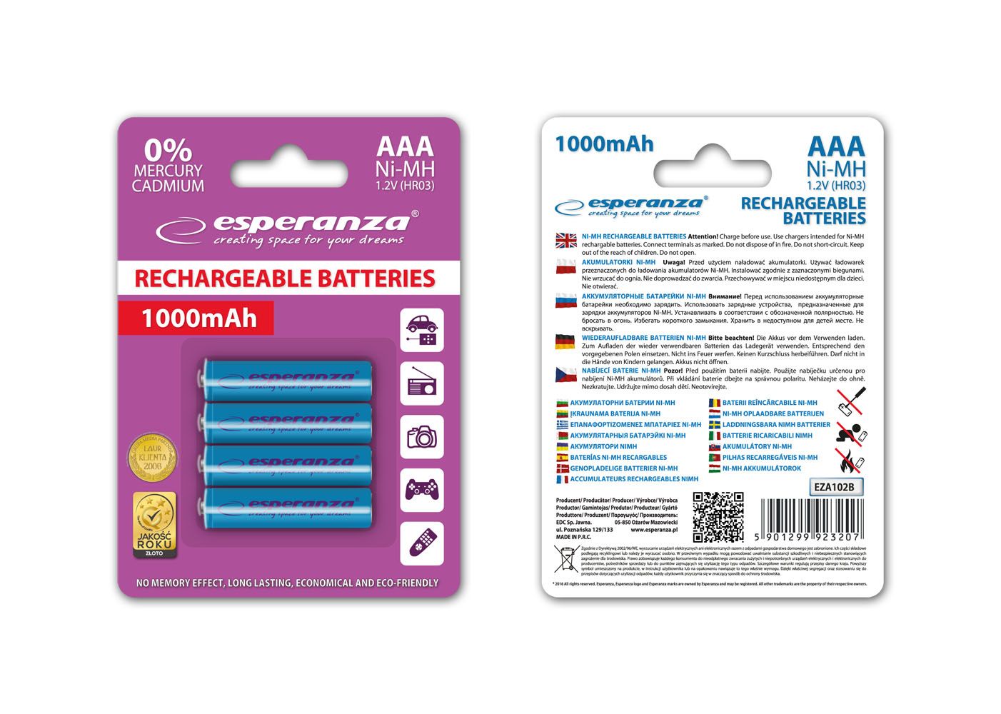 Esperanza 1000mAh AAA Ni-MH akkumulátor 4db/csomag Blue