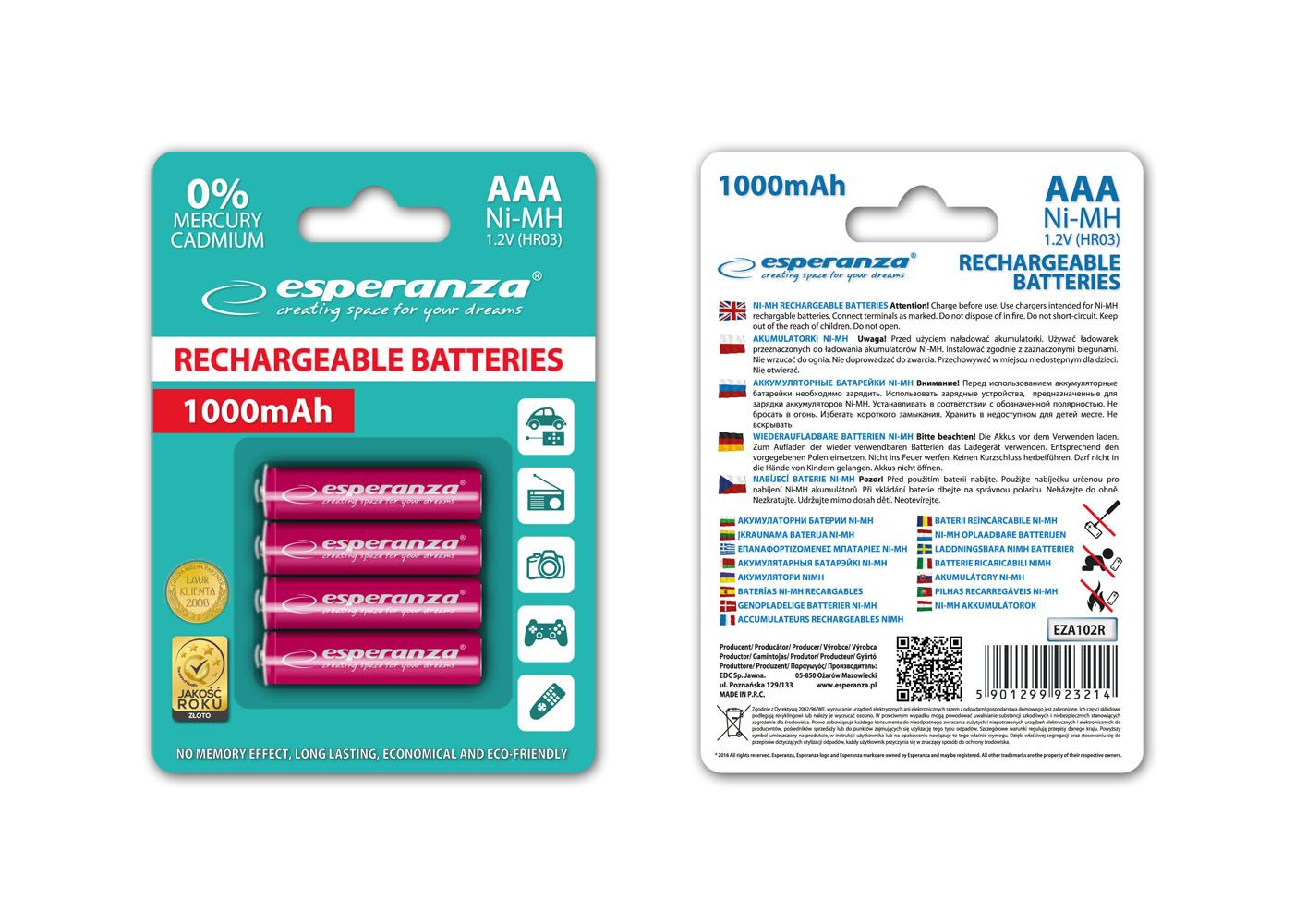 Esperanza 1000mAh AAA Ni-MH akkumulátor 4db/csomag Red