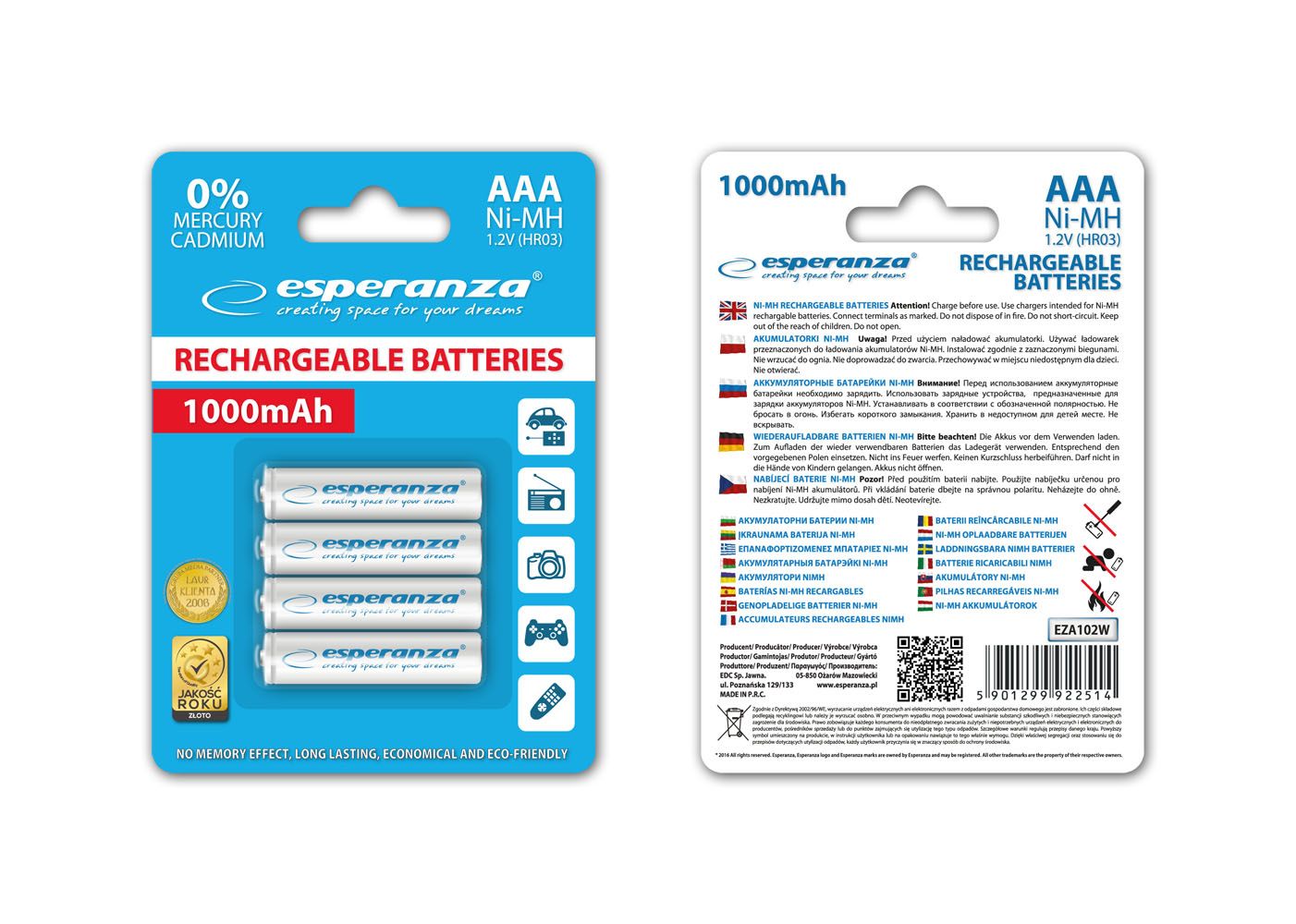 Esperanza 1000mAh AAA Ni-MH akkumulátor 4db/csomag White