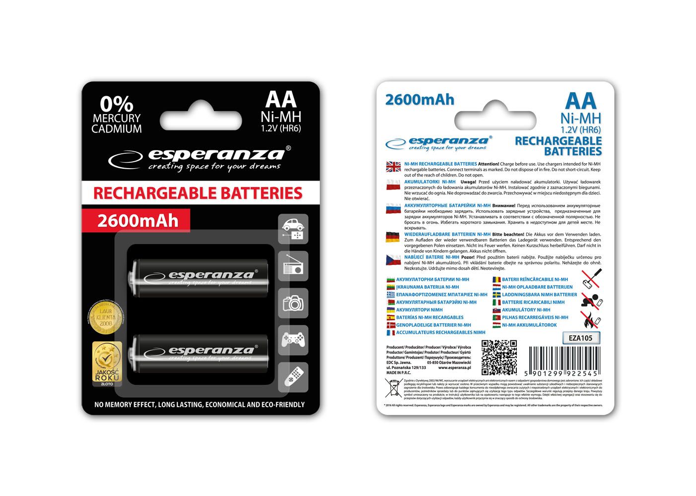 Esperanza 2600mAh AA Ni-MH akkumulátor 2db/csomag Black