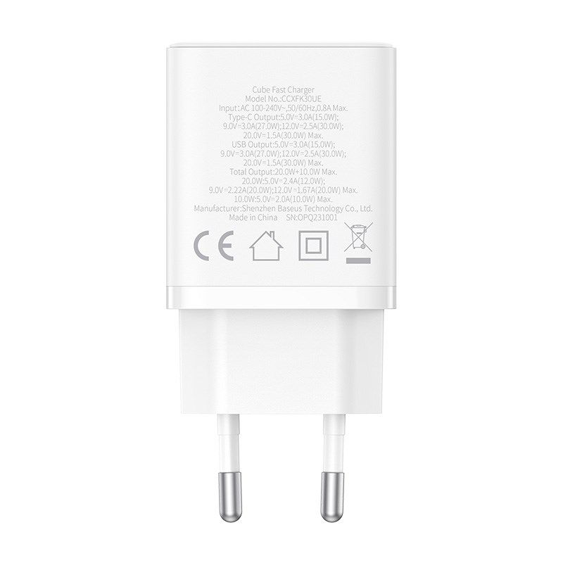 Baseus USB-C / USB-A adapter 30W mains charger White