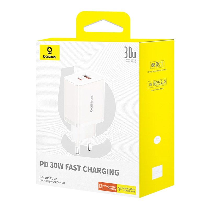 Baseus USB-C / USB-A adapter 30W mains charger White