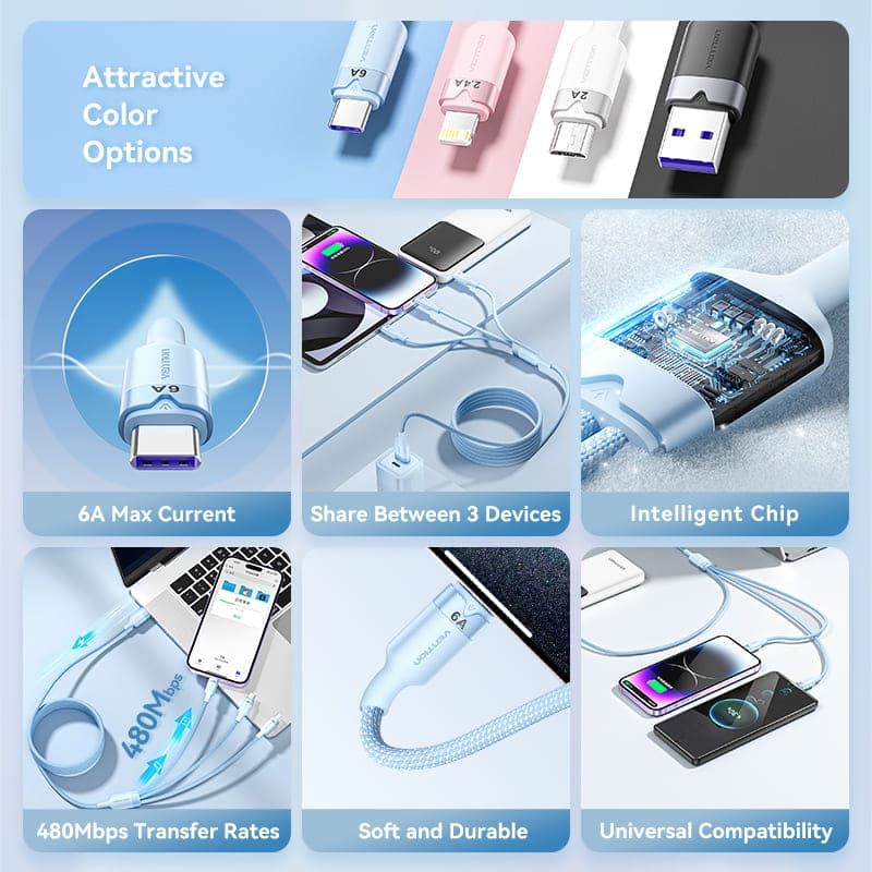 Vention USB 2.0 A Male to 3-in-1 USB-C & Lightning & Micro-B Male 6A Cable 1,5m Pink