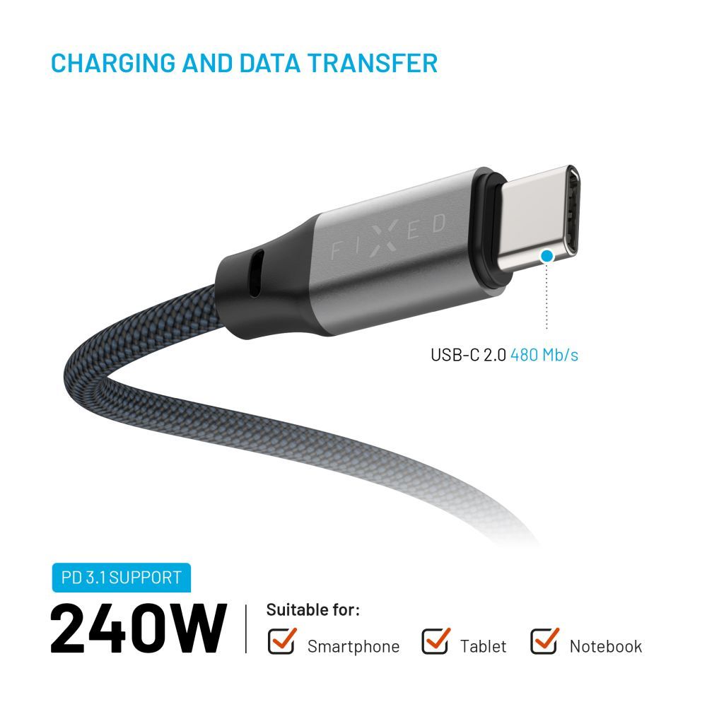 FIXED Mágneses fonott kábel, USB-C/USB-C 2m, szürke