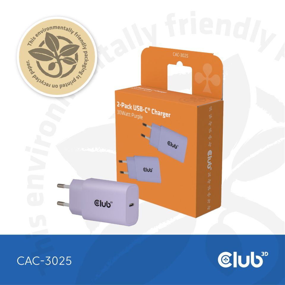 Club3D USB-C Charger 30W Purple (2-Pack)