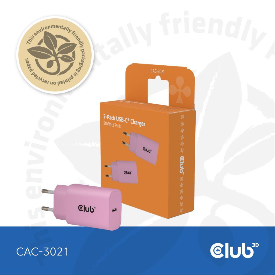 Club3D USB-C Charger 30W Pink (2-Pack)