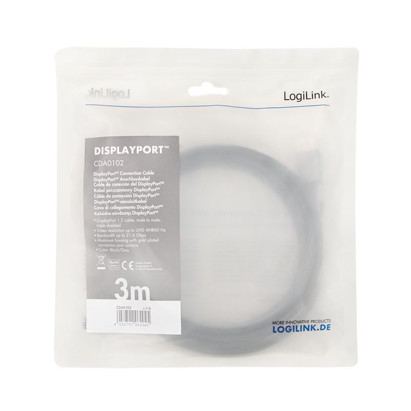 Logilink DisplayPort cable DP/M to DP/M 4K/60 Hz 3m Black/Grey