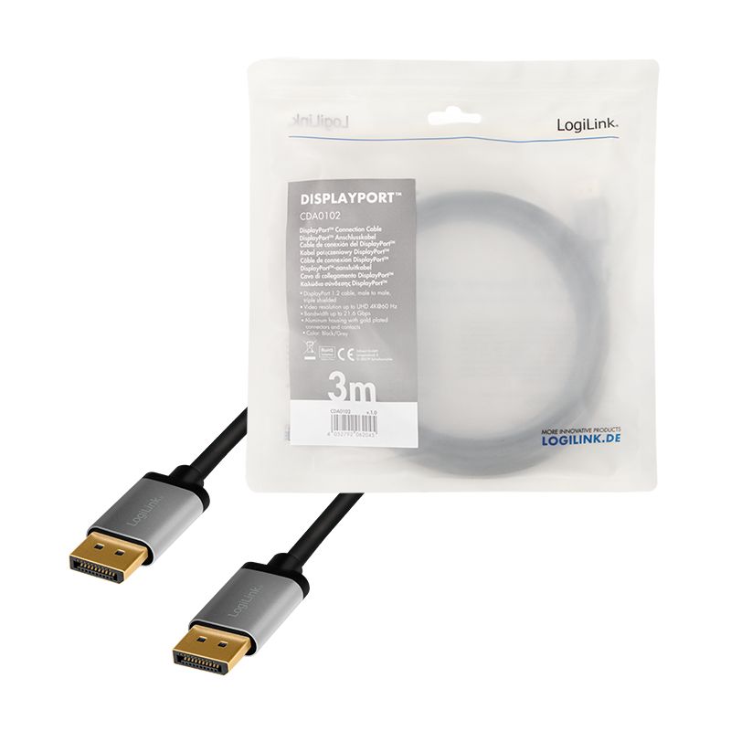 Logilink DisplayPort cable DP/M to DP/M 4K/60 Hz 3m Black/Grey