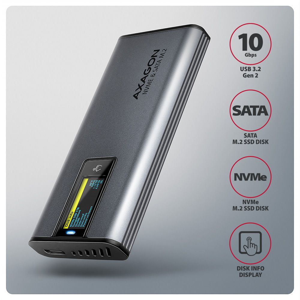 AXAGON EEM2-SD2 USB-C 10Gbps – M.2 NVMe & SATA SSD Display Box