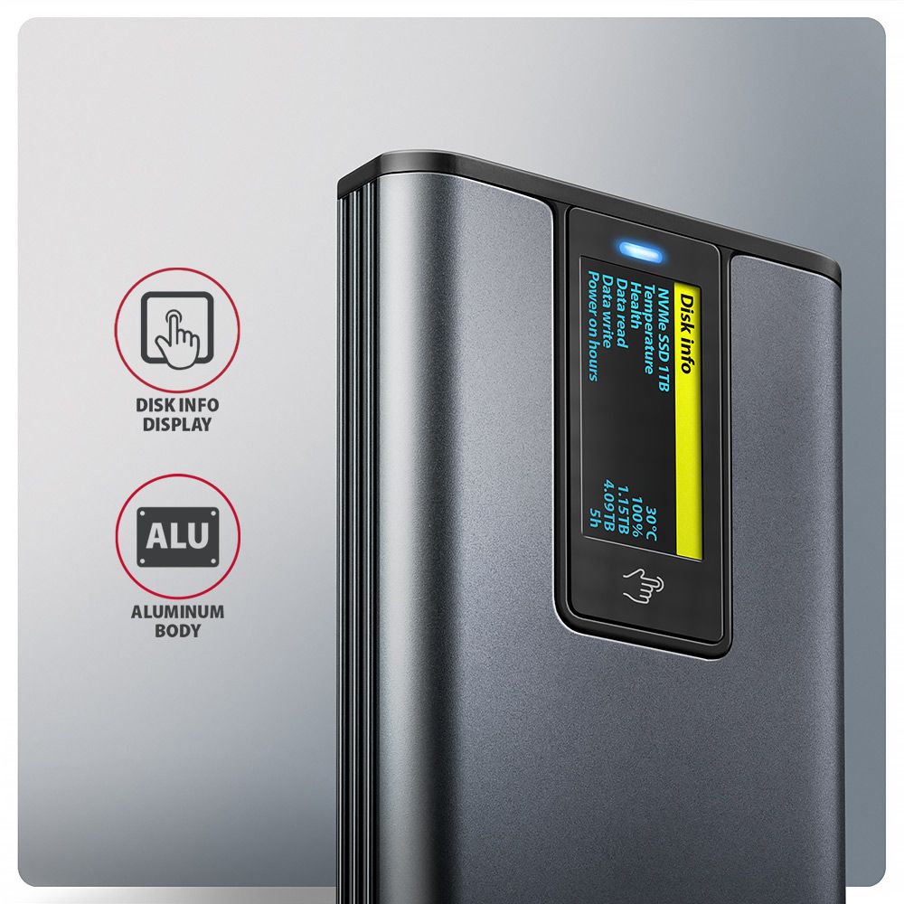 AXAGON EEM2-SD2 USB-C 10Gbps – M.2 NVMe & SATA SSD Display Box