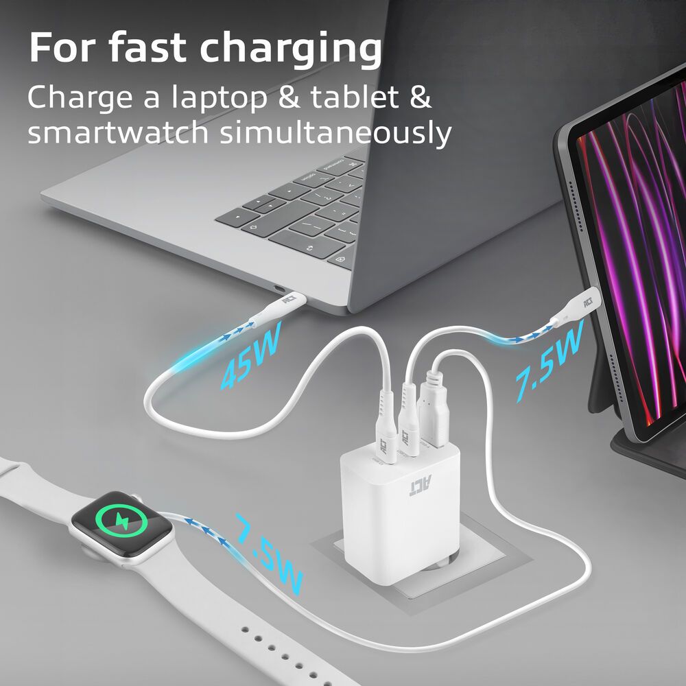 ACT ACT USB-C/USB-A Charger 65W 3-port with Power Delivery PPS, QuickCharge and GanFast