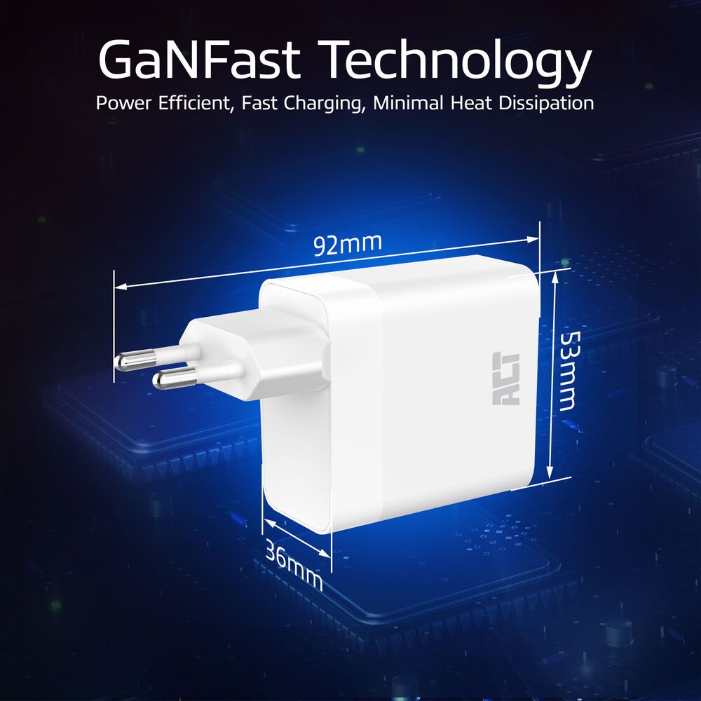 ACT ACT USB-C/USB-A Charger 65W 3-port with Power Delivery PPS, QuickCharge and GanFast