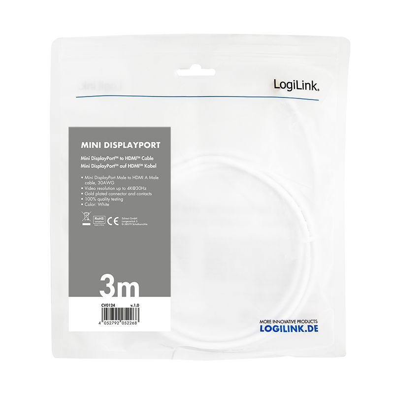 Logilink DisplayPort cable mDP/M to HDMI-A/M 4K/30 Hz 3m White