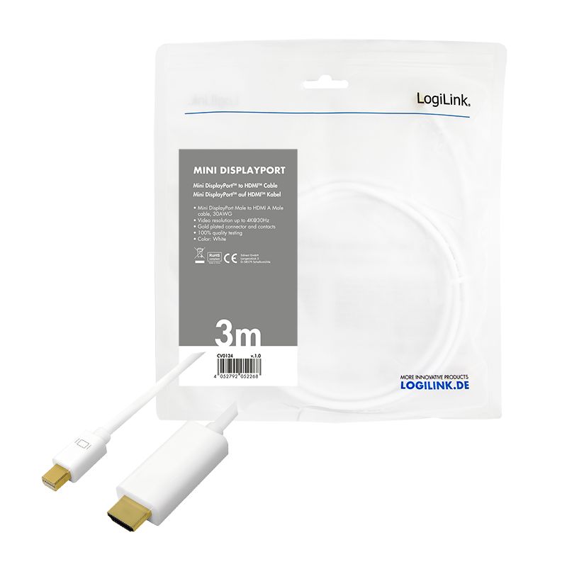 Logilink DisplayPort cable mDP/M to HDMI-A/M 4K/30 Hz 3m White