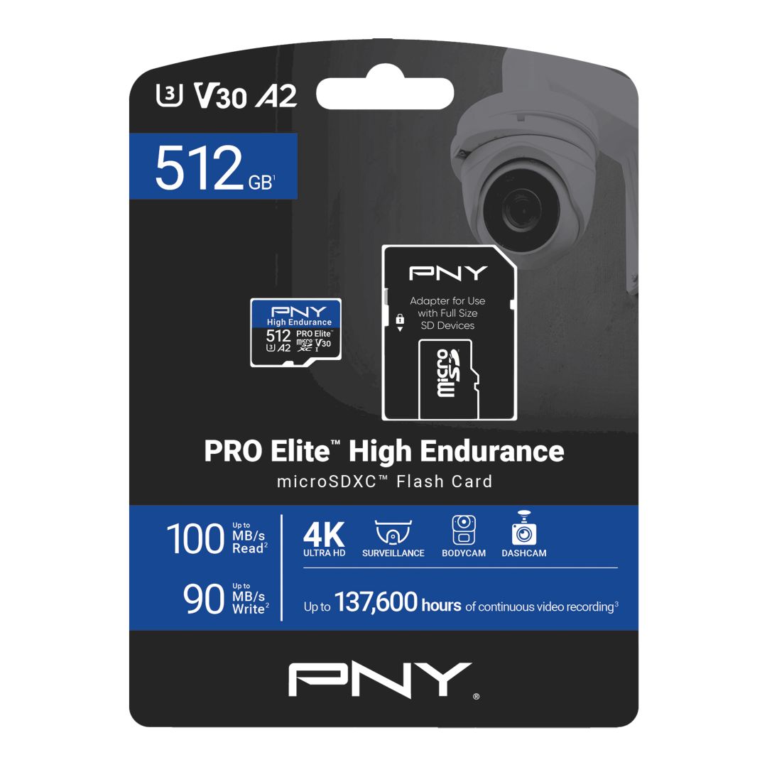 PNY 512GB microSDXC Pro Elite High Endurance Class 10 U3 V30 A2 + adapterrel