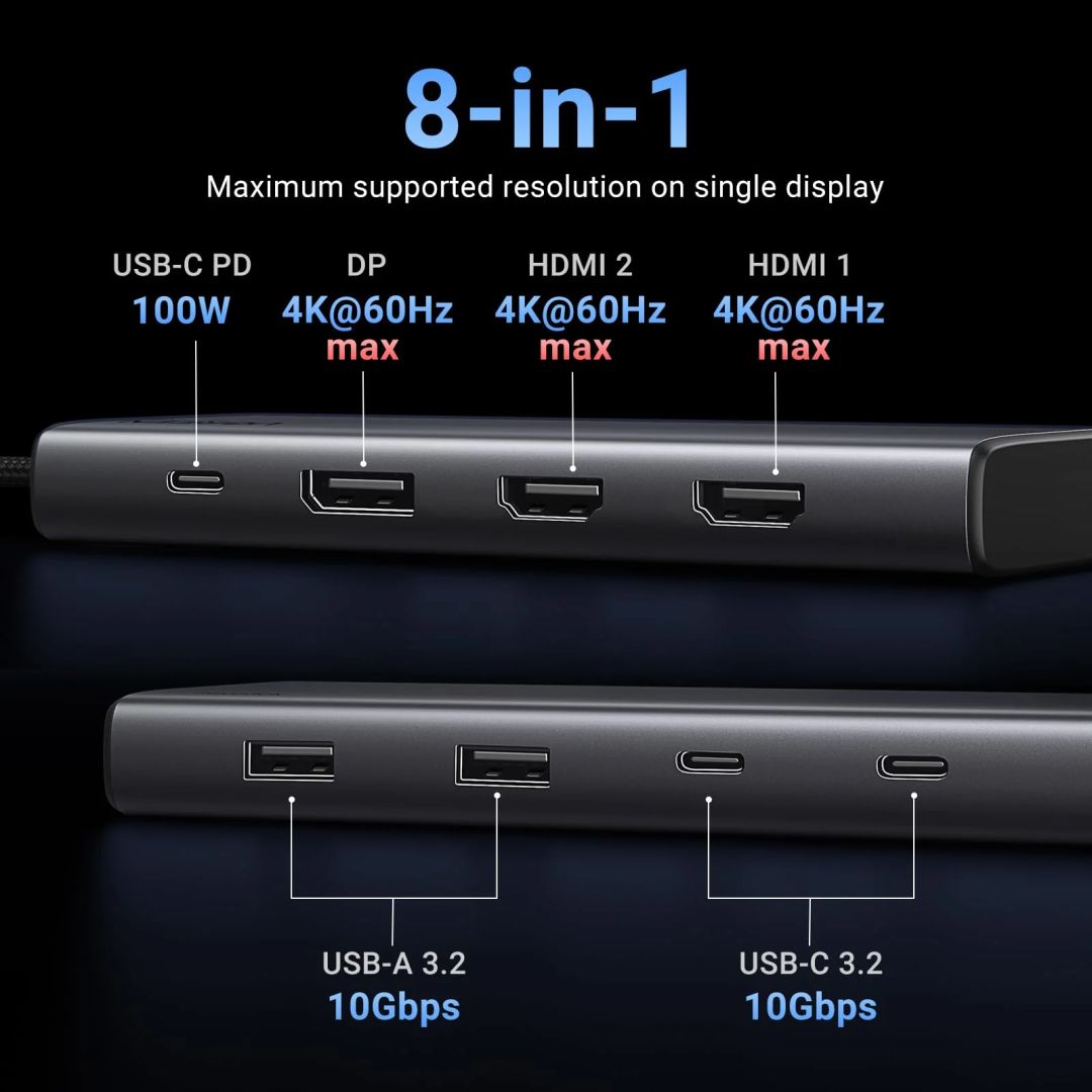 UGREEN 8-in-1 Docking Station (4K Triple Display PD 100W) Grey